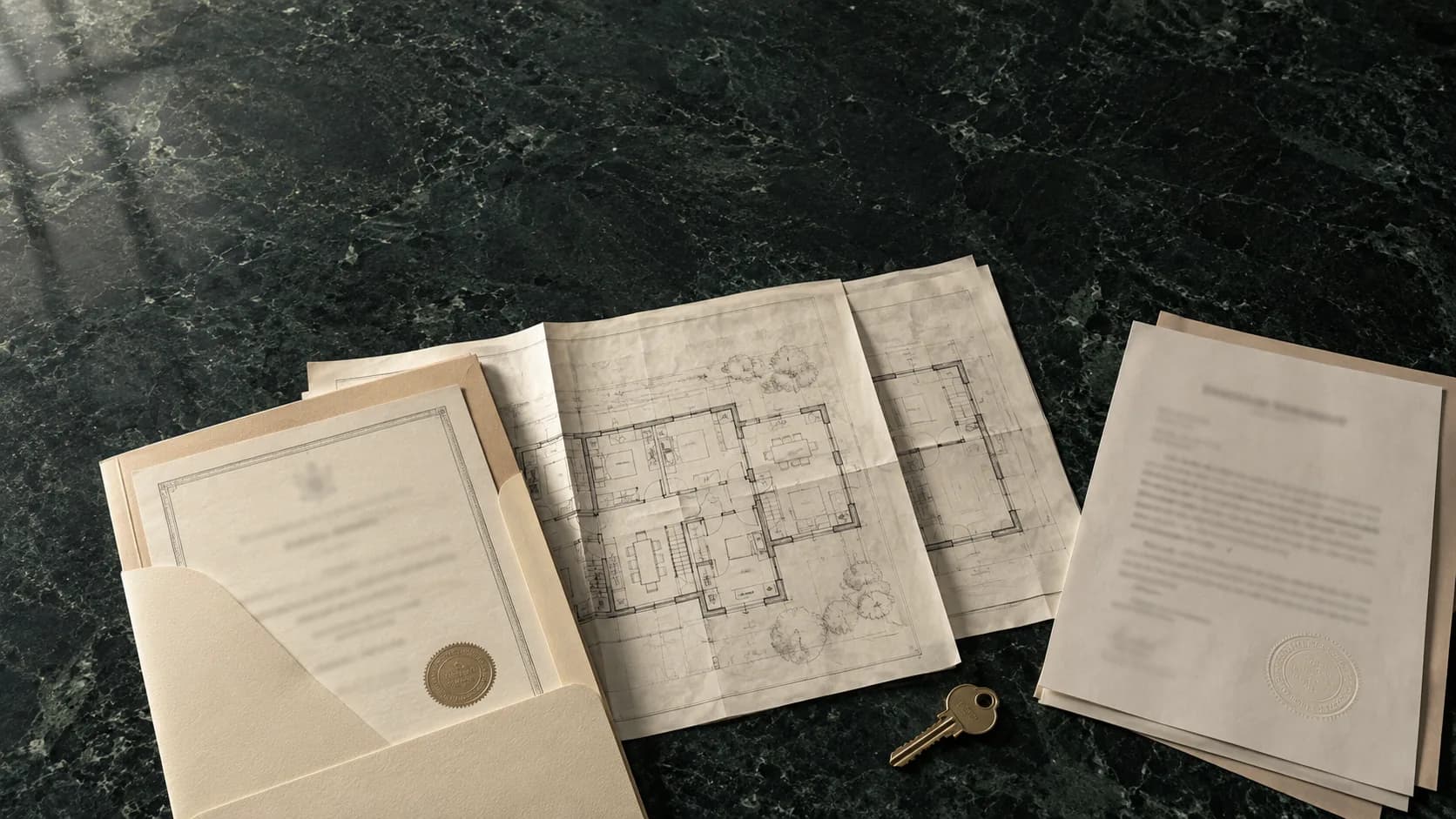 Título de propiedad, planos y un informe de tasación sobre un escritorio
